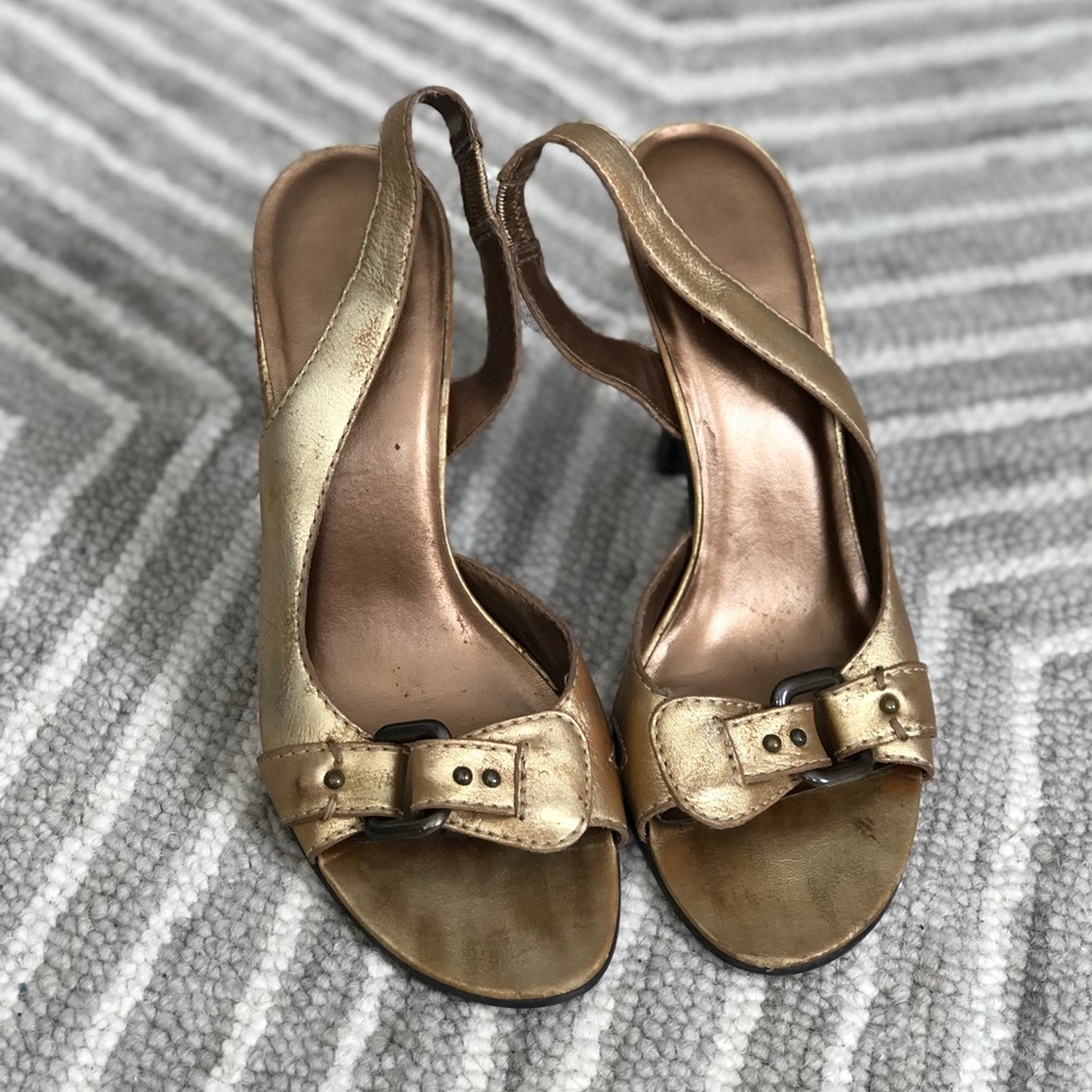EUC Distressed Gold Leather Heels, Made in Brazil!